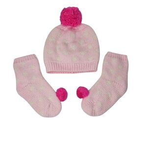 Pottery Barn Kids Pink Knit Polka Dot Hat and Bootie Set
